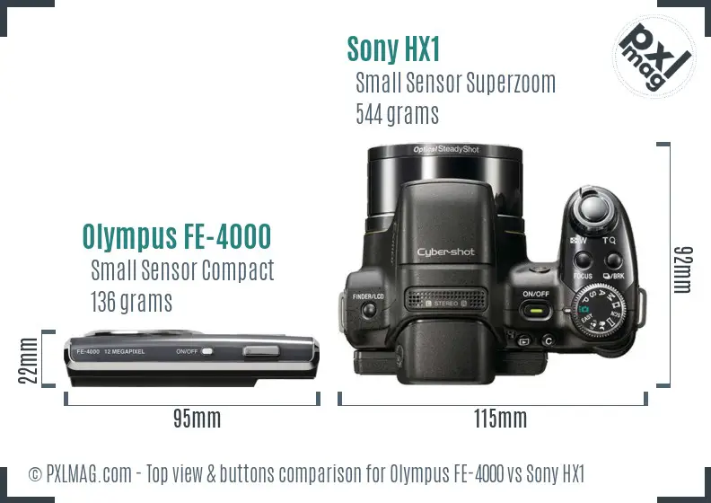 Olympus FE-4000 vs Sony HX1 top view buttons comparison