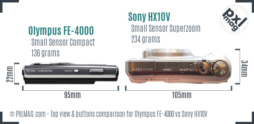 Olympus FE-4000 vs Sony HX10V top view buttons comparison