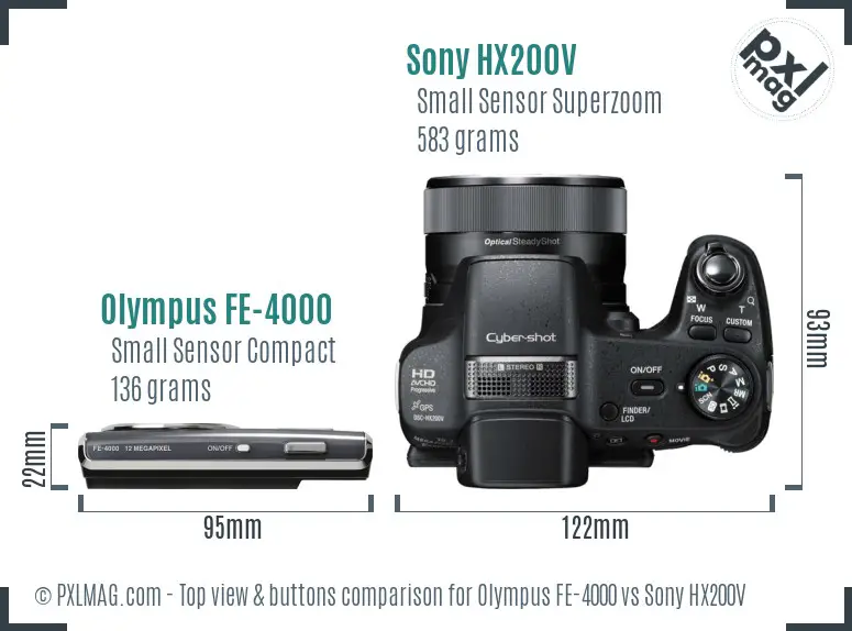 Olympus FE-4000 vs Sony HX200V top view buttons comparison
