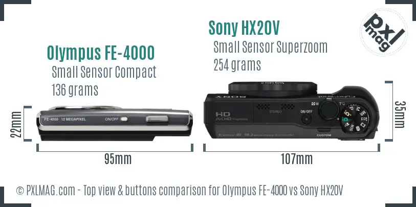 Olympus FE-4000 vs Sony HX20V top view buttons comparison