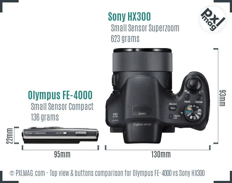 Olympus FE-4000 vs Sony HX300 top view buttons comparison
