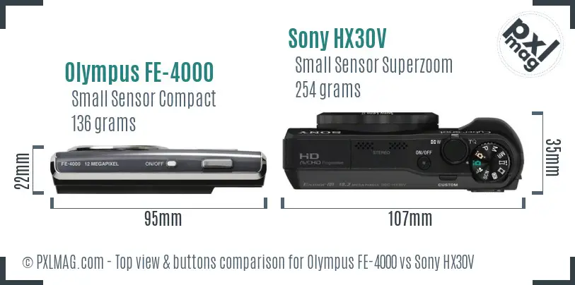 Olympus FE-4000 vs Sony HX30V top view buttons comparison