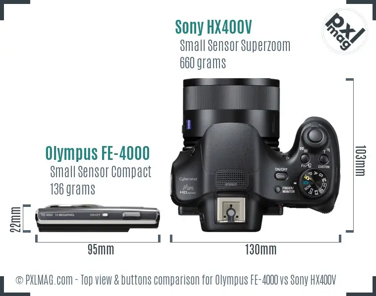 Olympus FE-4000 vs Sony HX400V top view buttons comparison