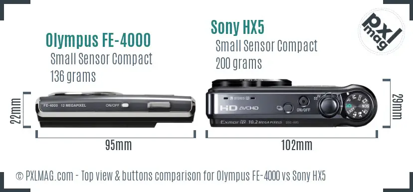 Olympus FE-4000 vs Sony HX5 top view buttons comparison