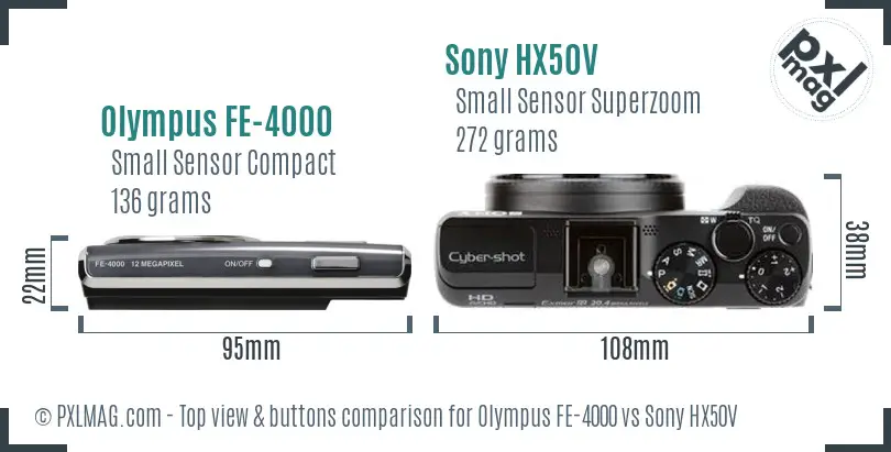 Olympus FE-4000 vs Sony HX50V top view buttons comparison