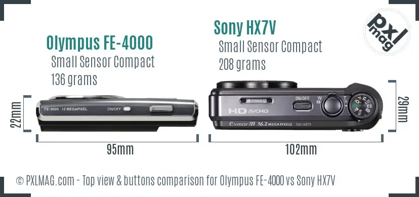 Olympus FE-4000 vs Sony HX7V top view buttons comparison