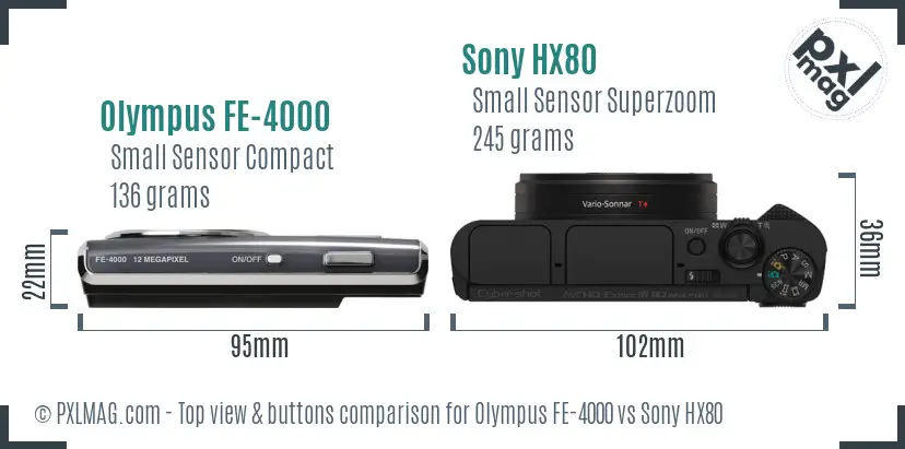 Olympus FE-4000 vs Sony HX80 top view buttons comparison