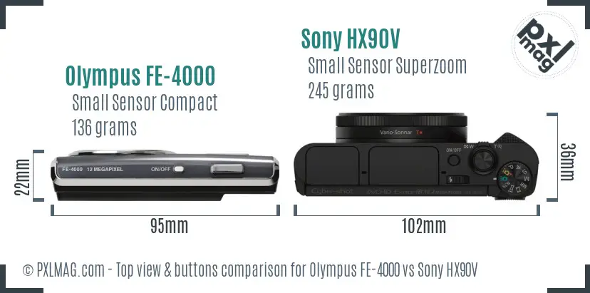 Olympus FE-4000 vs Sony HX90V top view buttons comparison