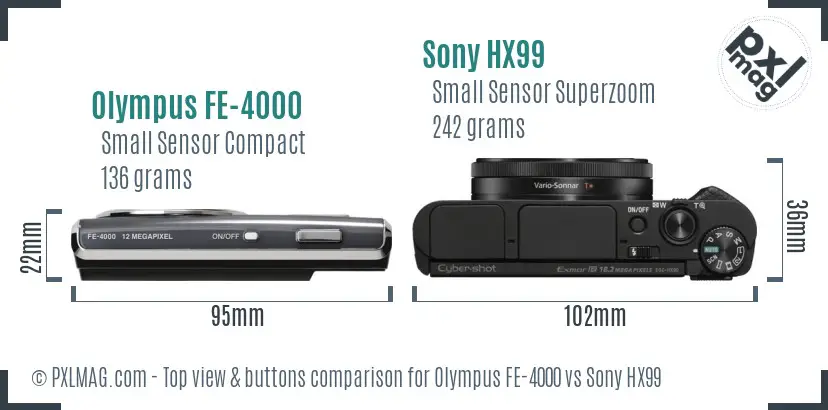 Olympus FE-4000 vs Sony HX99 top view buttons comparison