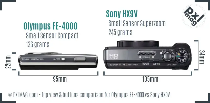 Olympus FE-4000 vs Sony HX9V top view buttons comparison