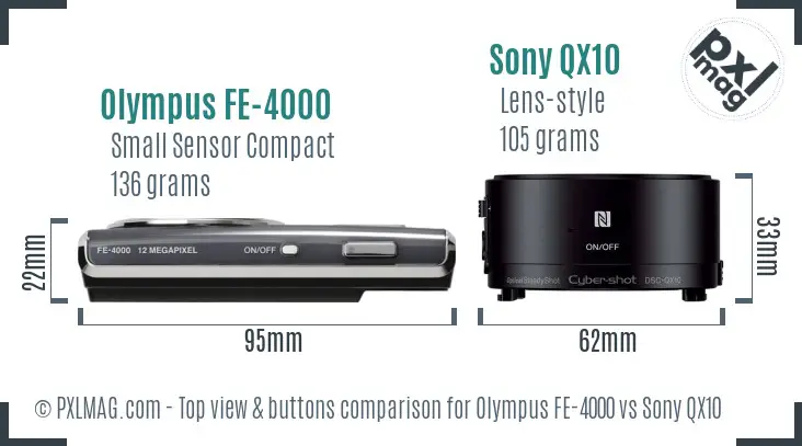 Olympus FE-4000 vs Sony QX10 top view buttons comparison