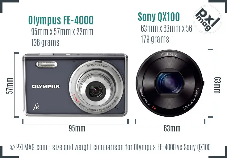 Olympus FE-4000 vs Sony QX100 size comparison