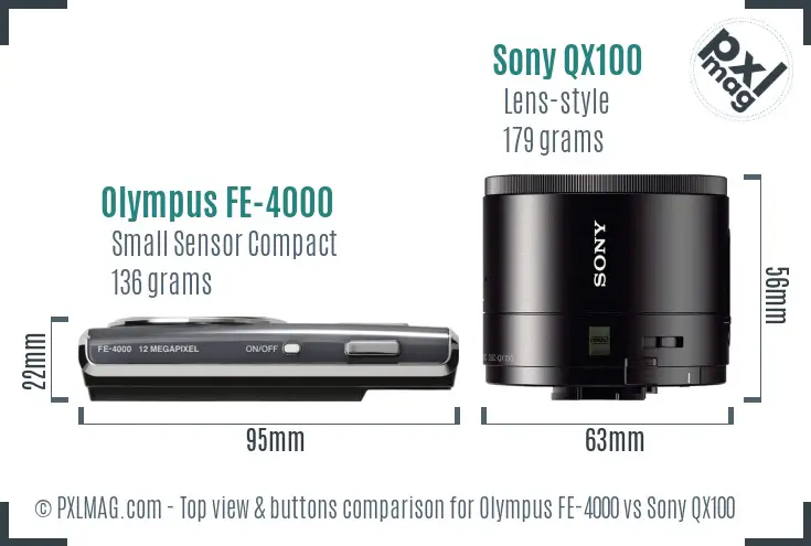 Olympus FE-4000 vs Sony QX100 top view buttons comparison