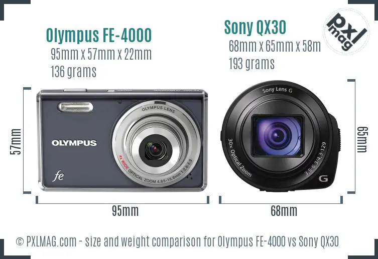 Olympus FE-4000 vs Sony QX30 size comparison