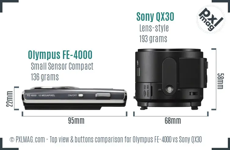 Olympus FE-4000 vs Sony QX30 top view buttons comparison