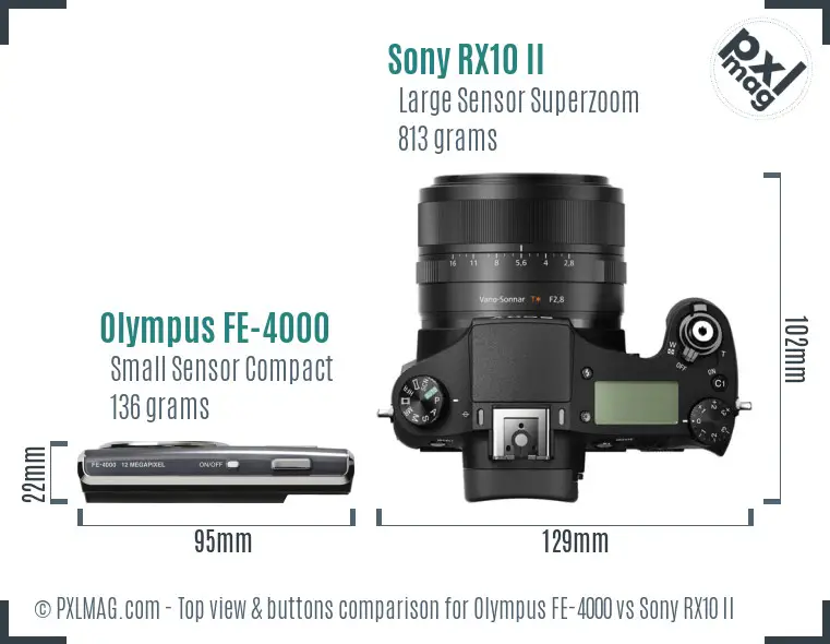Olympus FE-4000 vs Sony RX10 II top view buttons comparison