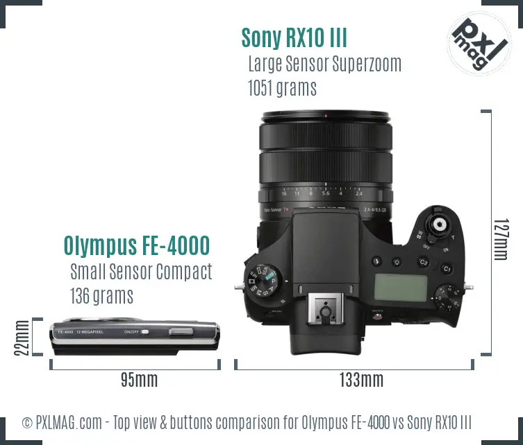 Olympus FE-4000 vs Sony RX10 III top view buttons comparison