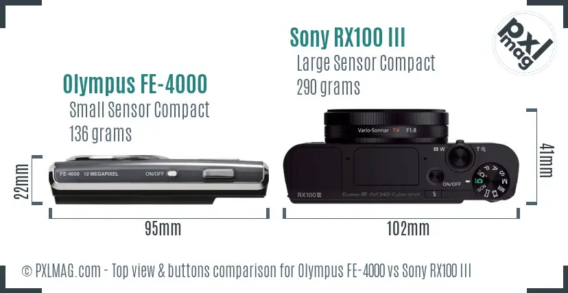 Olympus FE-4000 vs Sony RX100 III top view buttons comparison