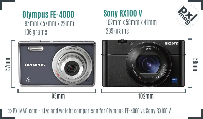 Olympus FE-4000 vs Sony RX100 V size comparison