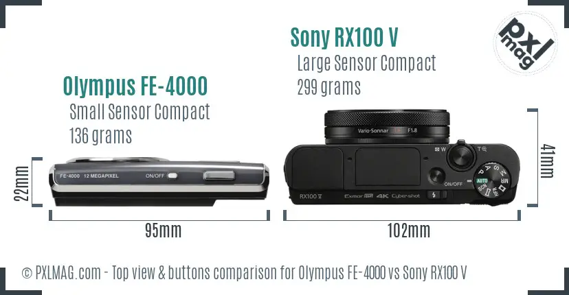 Olympus FE-4000 vs Sony RX100 V top view buttons comparison