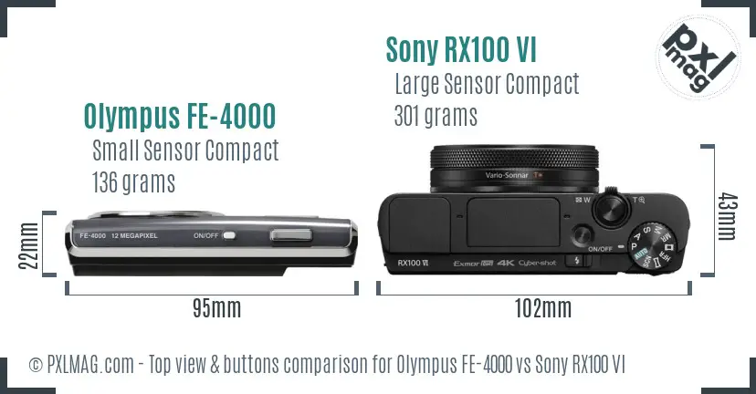 Olympus FE-4000 vs Sony RX100 VI top view buttons comparison Olympus FE-4000 vs Sony RX100 VI top view buttons comparison