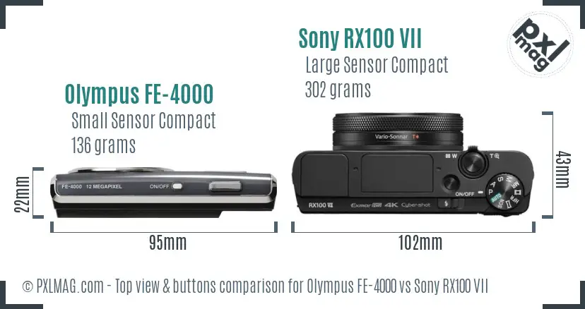Olympus FE-4000 vs Sony RX100 VII top view buttons comparison