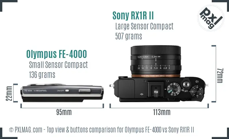 Olympus FE-4000 vs Sony RX1R II top view buttons comparison Olympus FE-4000 vs Sony RX1R II top view buttons comparison
