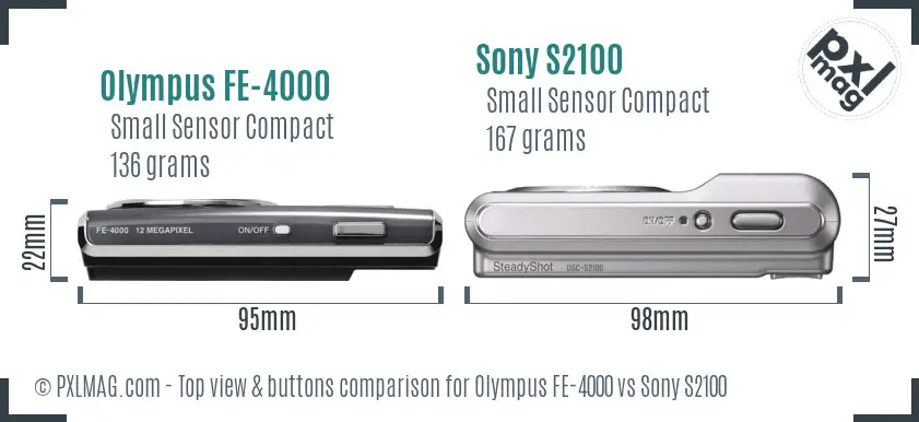 Olympus FE-4000 vs Sony S2100 top view buttons comparison