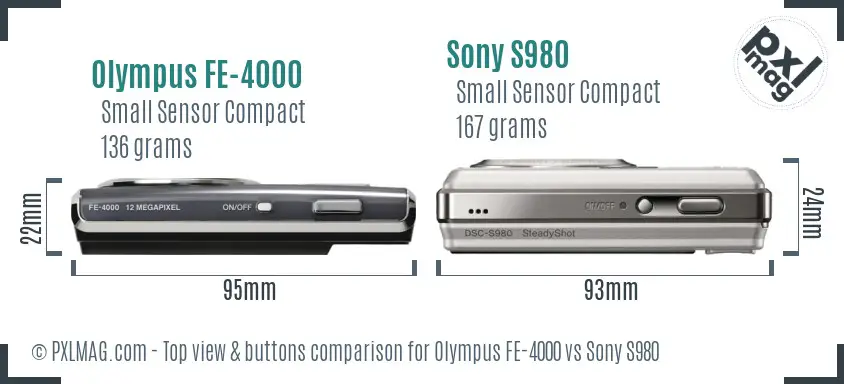 Olympus FE-4000 vs Sony S980 top view buttons comparison