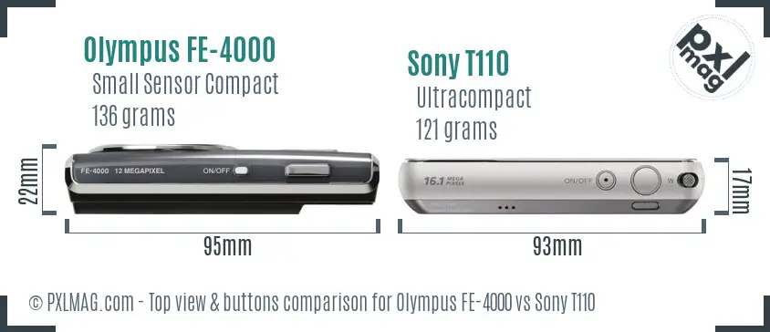 Olympus FE-4000 vs Sony T110 top view buttons comparison