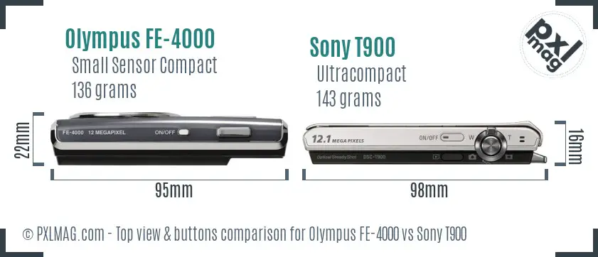 Olympus FE-4000 vs Sony T900 top view buttons comparison Olympus FE-4000 vs Sony T900 top view buttons comparison