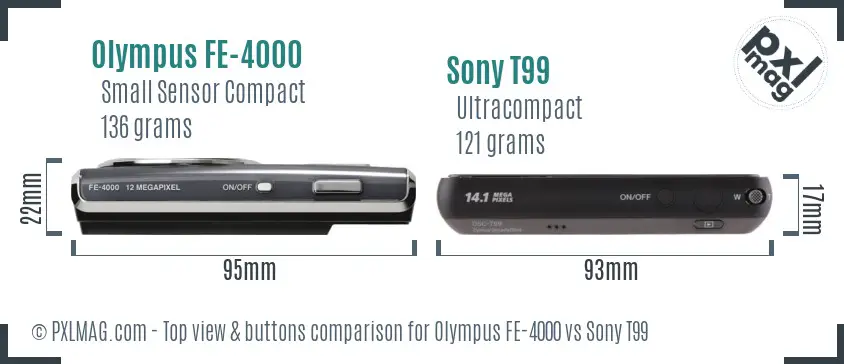 Olympus FE-4000 vs Sony T99 top view buttons comparison