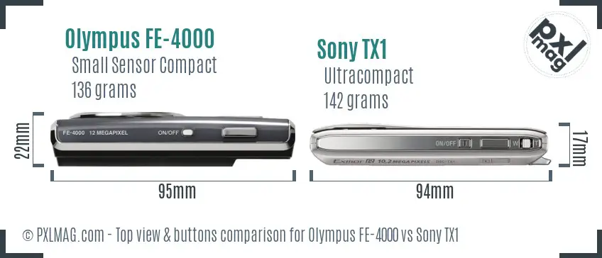 Olympus FE-4000 vs Sony TX1 top view buttons comparison