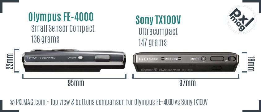 Olympus FE-4000 vs Sony TX100V top view buttons comparison