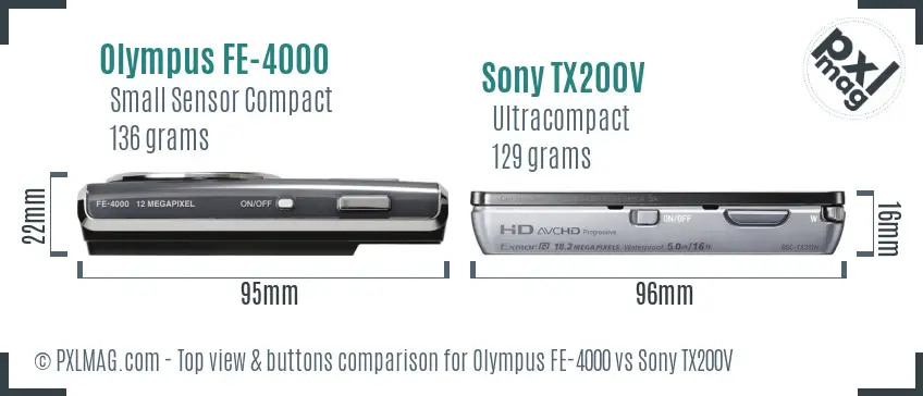 Olympus FE-4000 vs Sony TX200V top view buttons comparison Olympus FE-4000 vs Sony TX200V top view buttons comparison
