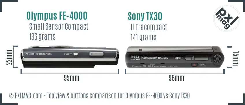 Olympus FE-4000 vs Sony TX30 top view buttons comparison