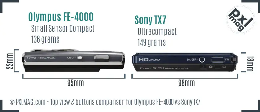 Olympus FE-4000 vs Sony TX7 top view buttons comparison