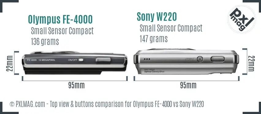 Olympus FE-4000 vs Sony W220 top view buttons comparison