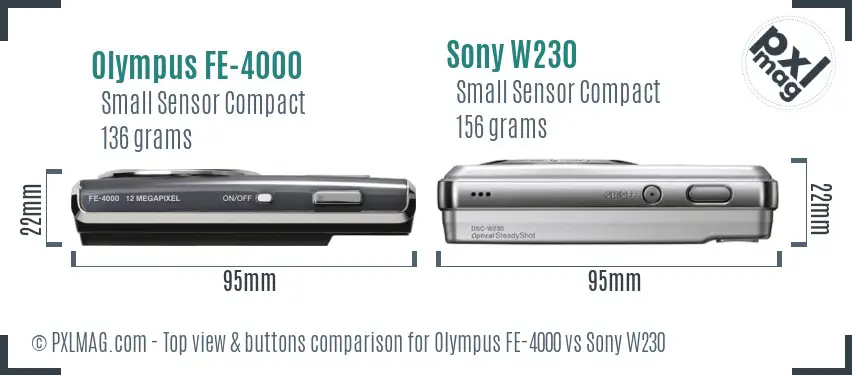 Olympus FE-4000 vs Sony W230 top view buttons comparison