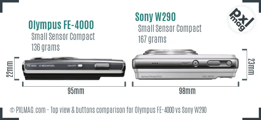Olympus FE-4000 vs Sony W290 top view buttons comparison