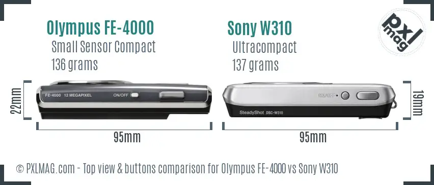 Olympus FE-4000 vs Sony W310 top view buttons comparison