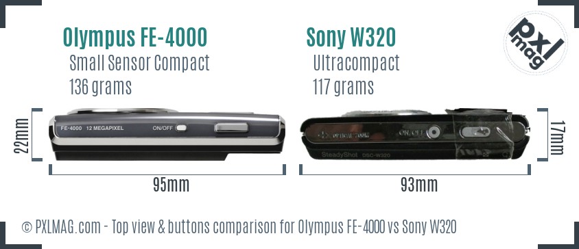Olympus FE-4000 vs Sony W320 top view buttons comparison