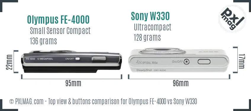 Olympus FE-4000 vs Sony W330 top view buttons comparison