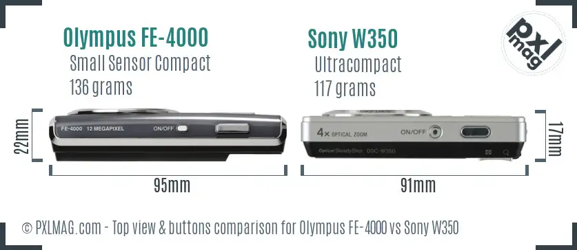 Olympus FE-4000 vs Sony W350 top view buttons comparison