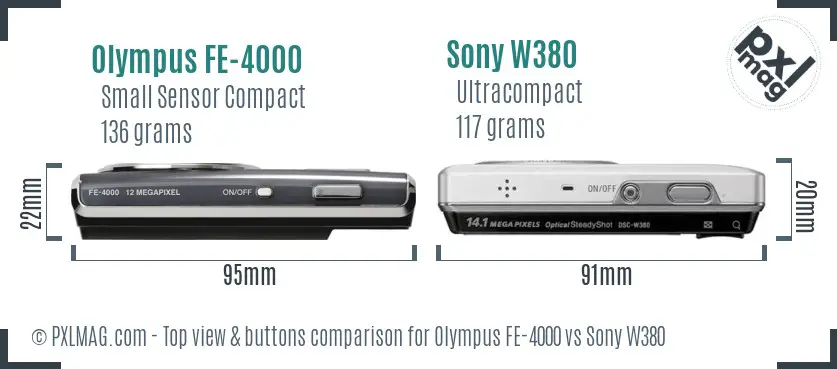 Olympus FE-4000 vs Sony W380 top view buttons comparison