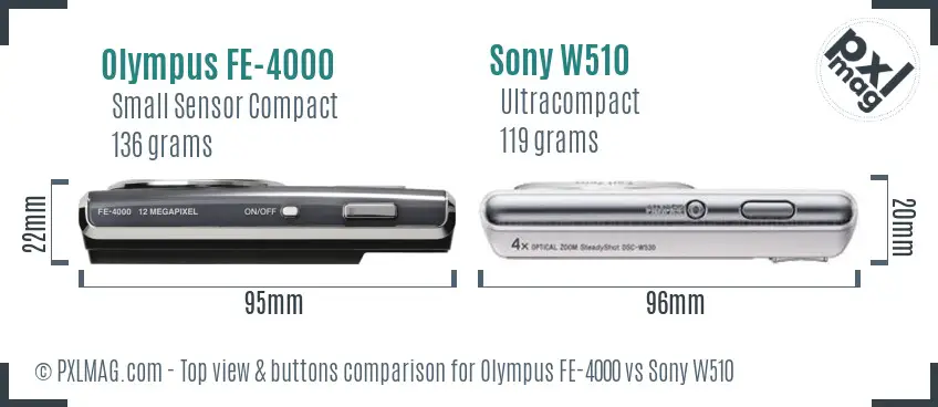 Olympus FE-4000 vs Sony W510 top view buttons comparison