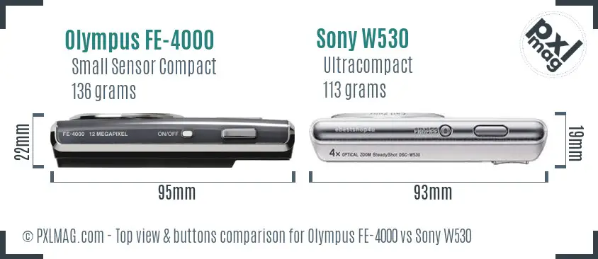 Olympus FE-4000 vs Sony W530 top view buttons comparison