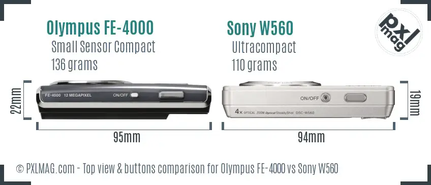 Olympus FE-4000 vs Sony W560 top view buttons comparison