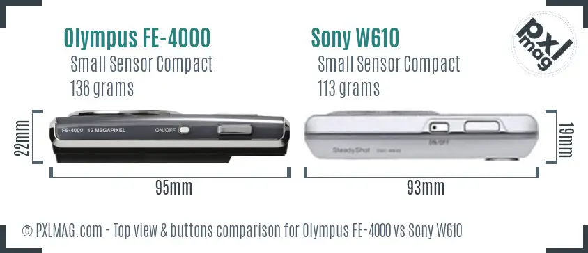 Olympus FE-4000 vs Sony W610 top view buttons comparison