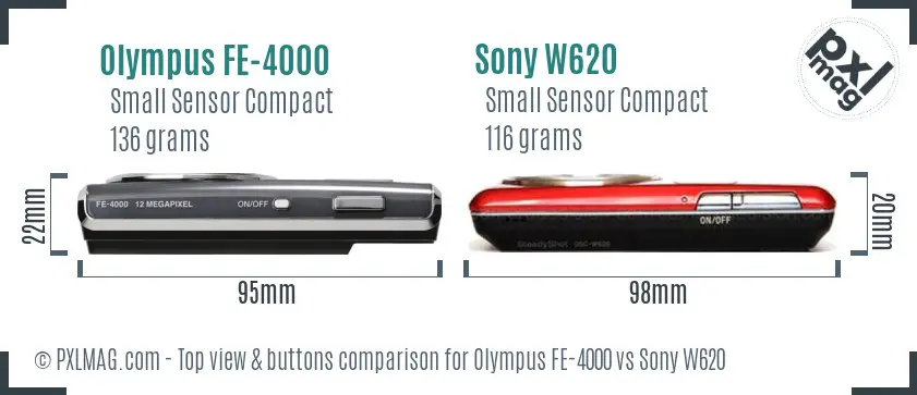 Olympus FE-4000 vs Sony W620 top view buttons comparison